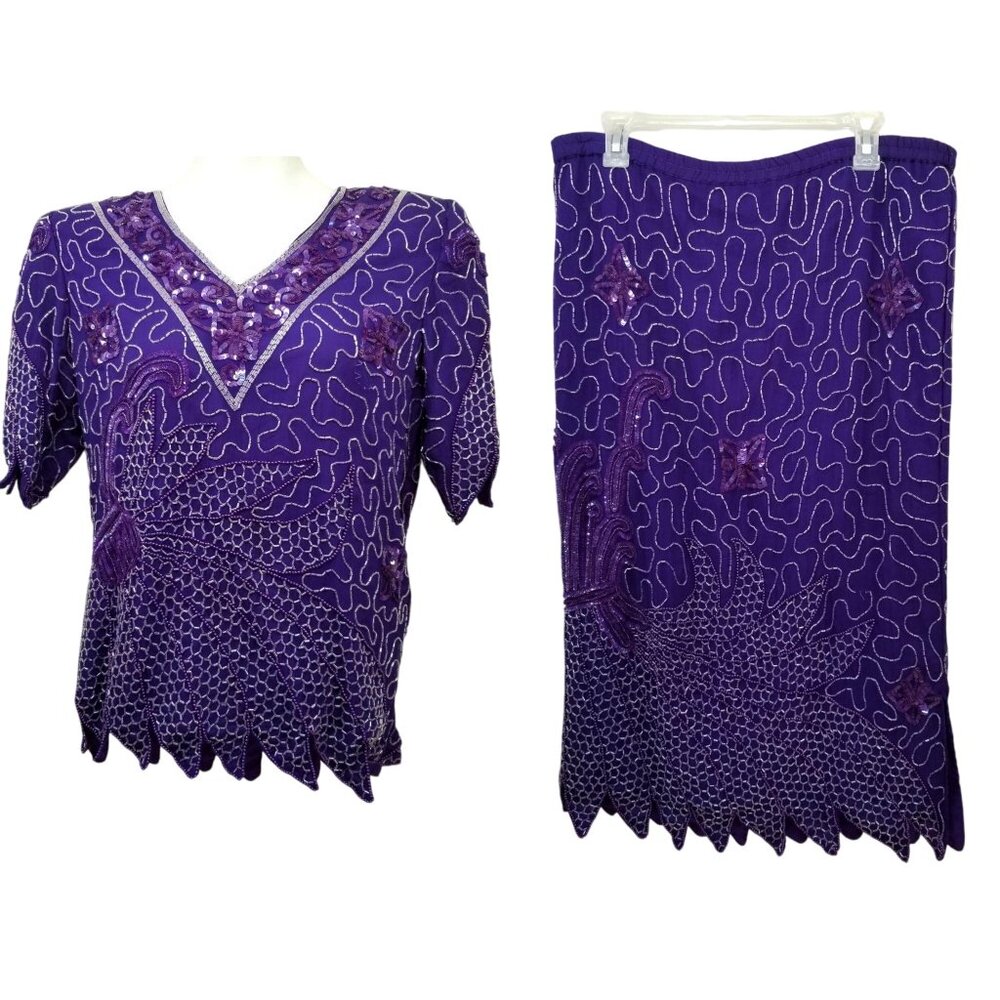 Laurence Kazar M 2 Pc Top Skirt Beaded Sequins Silk Formal Purple Glam